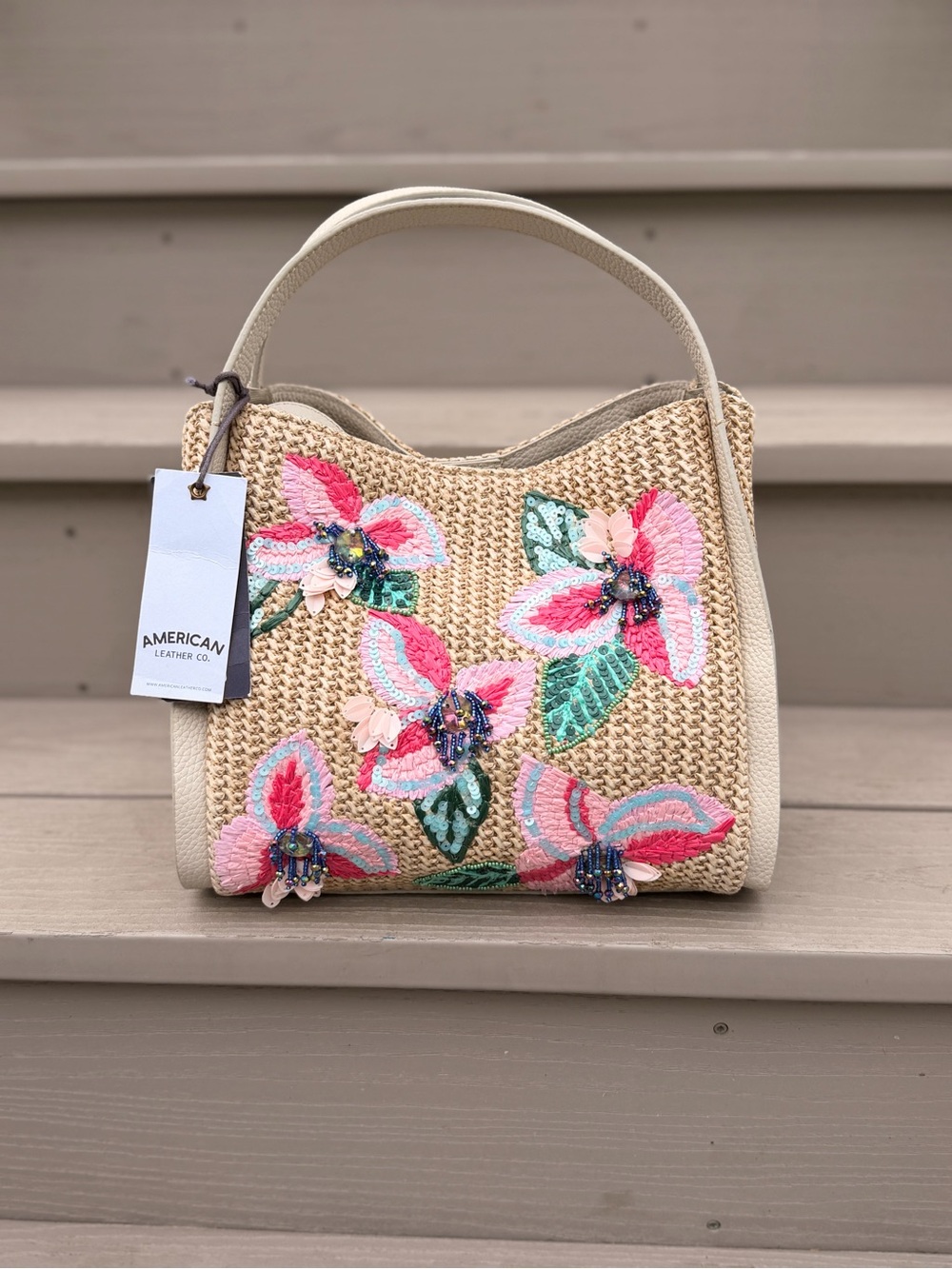 NWT American Leather Co. Floral Embroidered Straw Crossbody Satchel - Picture 13 of 13